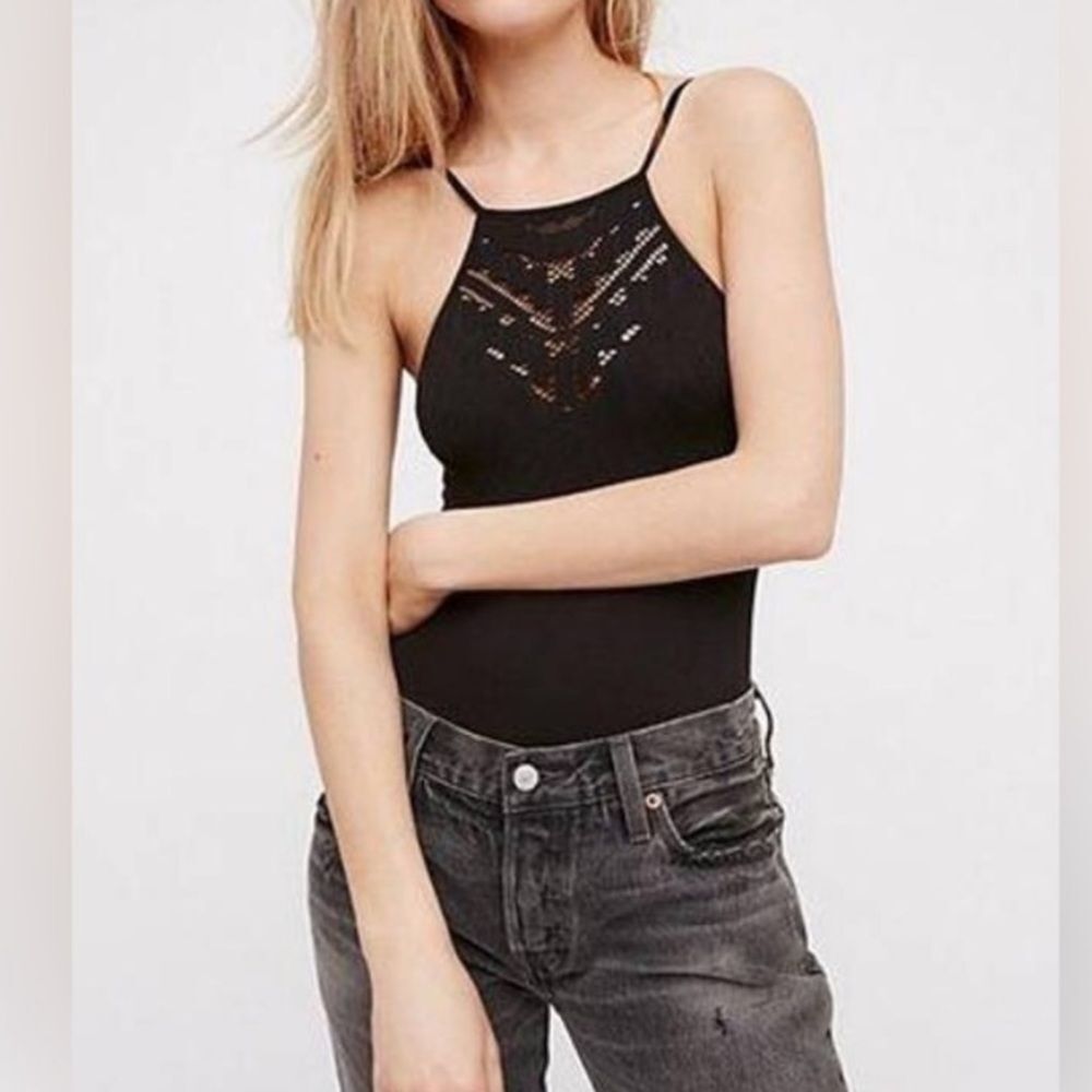 NWOT Free People Solstice High Square Neck Cutout Seamless Bodysuit Black XS/S